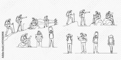 Continuous line art illustrations of hikers and backpackers in various poses, including walking, sitting, pointing, and carrying gear, on a transparent background.