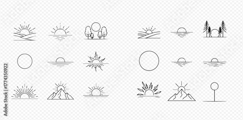 Minimalist line art icons depicting sunrises and sunsets over various natural landscapes including mountains, fields, and water.
