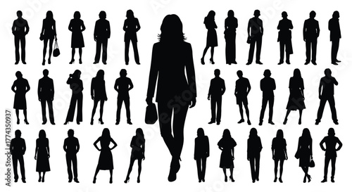 Diverse group of silhouetted people in business and casual attire