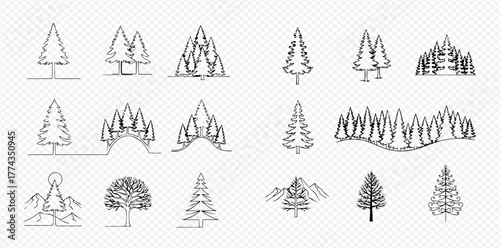 Line art collection of various trees and forest landscapes.