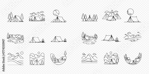 Collection of minimalist line art illustrations depicting various camping and outdoor adventure scenes with tents, mountains, trees, and natural landscapes.