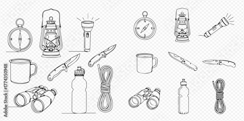 Hand-drawn sketch collection of essential camping and hiking equipment including compass, lantern, flashlight, knives, binoculars, water bottle, and rope.