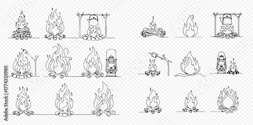A collection of black and white line art illustrations depicting various campfires, some with cooking elements like kettles and marshmallows, and others with camping gear.