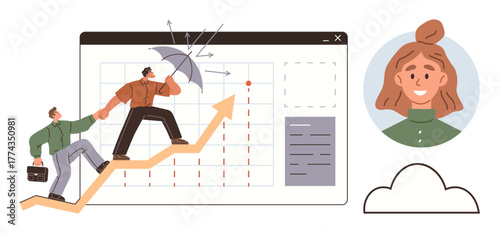Businesspeople helping each other climb upward on an arrow with graph in the background, using teamwork to shield against obstacles. Ideal for success, leadership, teamwork, growth, mentoring