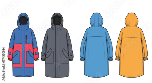 Four colorful hooded jackets displayed in a technical fashion illustration