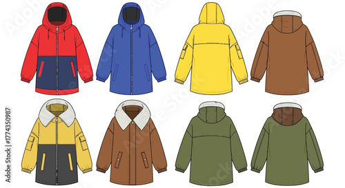 Colorful collection of flat lay hooded jackets and outerwear designs