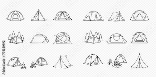 Collection of outline illustrations of various camping tents for outdoor adventures and recreation.