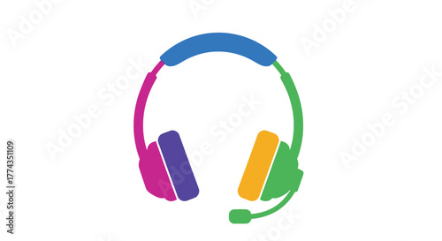 Colorful illustration of modern wireless over ear headphones with a microphone