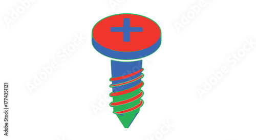Cartoon illustration of a colorful phillips head screw isolated on white