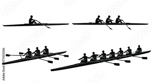 Silhouettes of rowing teams in boats against a bright white background