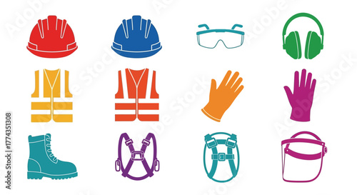 Collection of colorful industrial safety equipment and protective gear icons
