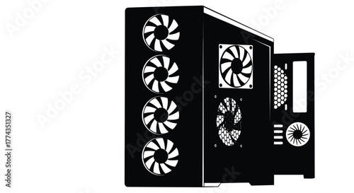 A black computer case with multiple cooling fans side view illustration