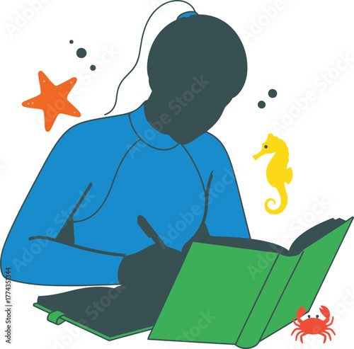 subaquatic scholar chronicles discoveries, penning marine wonders in a journal