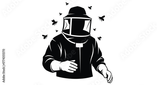 A beekeeper s protective suit and veil surrounded by a swarm of bees