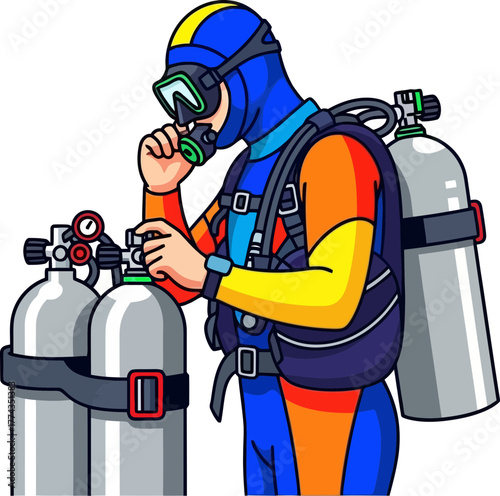 underwater enthusiast precisely adjusts tanks, embarking on a vibrant aquatic journey