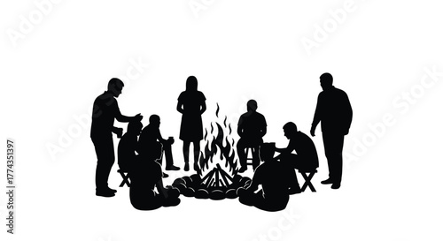 Silhouettes of people gathered around a warmly glowing campfire at night