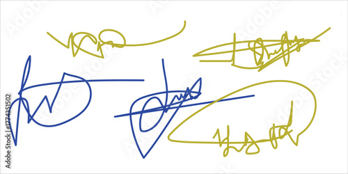 Collection of five unique handwritten signatures in blue and yellow ink on a white background