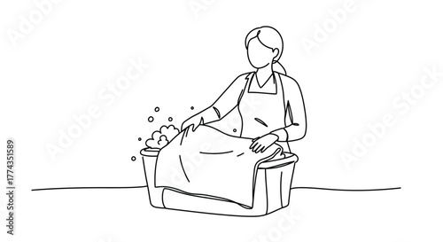 Woman seated washing dishes in a sink simple line art illustration