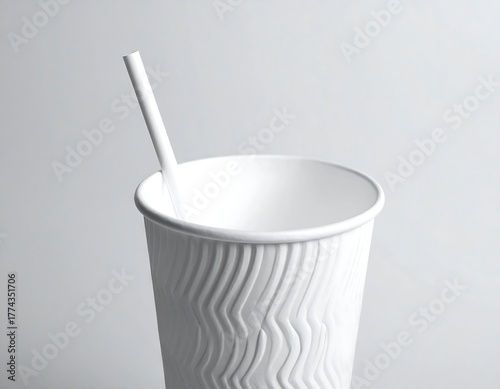 A textured white paper cup with a straw, against a plain gray backdrop