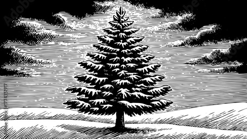Single tall pine tree standing alone hand drawn sketch on white snowy landscape under cloudy winter sky.