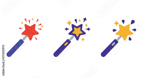 Three colorful magic wands with sparkling stars a whimsical illustration