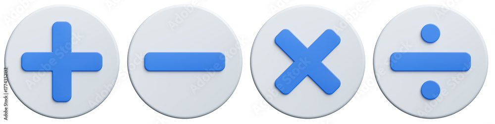 Obraz premium Set of blue mathematics mark isolated on white background. Plus and minuse marks, multiplication and division marks. 3d render