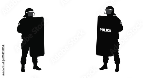 Silhouetted police officers standing with shields depicting security and protection