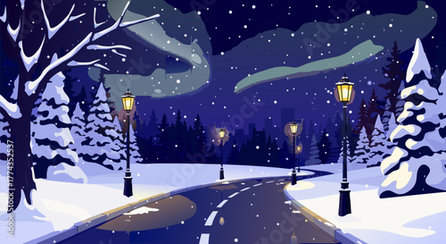 Winter Nightscape A Snowy Road Under the Aurora Lights with Decorative Street Lamps