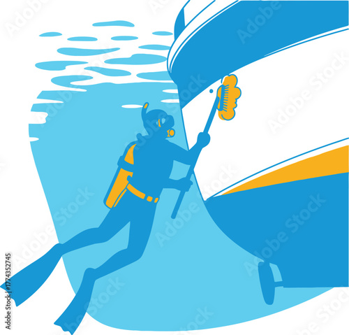 subaquatic specialist diligently scrubs boat, maintaining vessel integrity beneath the waves