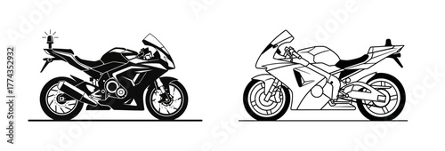 Two stylized sport motorcycles, one in a solid black silhouette and the other as an outline drawing, both depicted in a side profile view.
