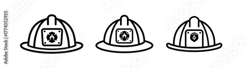 Three firefighter helmets in a row, each with a badge featuring a flame symbol, all outlined in black.