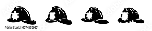 Four black firefighter helmets with shields in a row on a white background.