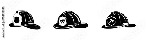 A collection of three black and white firefighter helmet illustrations, each with a different shield emblem design.
