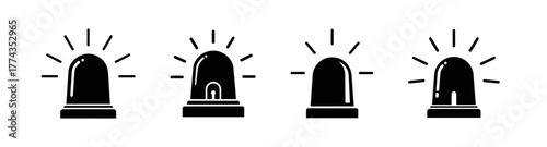 Four black and white icons depicting a siren or alarm light with radiating lines, symbolizing alerts or warnings.