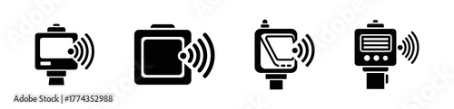 A set of four black icons depicting wireless payment terminals and a smart wallet, illustrating contactless technology.