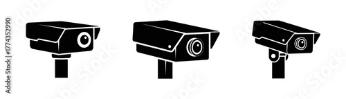 Three black security cameras mounted on poles, each with a different bracket and angle, depicted in a minimalist silhouette style.