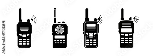 Four black and white walkie-talkies with antennas and screens, some emitting signals.