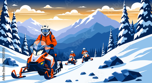 An exhilarating winter adventure as a group rides snowmobiles through a scenic mountain landscape illustration