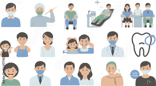 Illustrations of Dental Professionals, Patients, and Dental Care Concepts in Flat Style