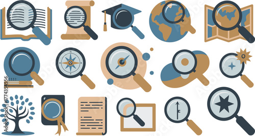 Magnifying Glasses Icons Set Book, Document, Globe, Compass, Tree, and More Exploration Symbols