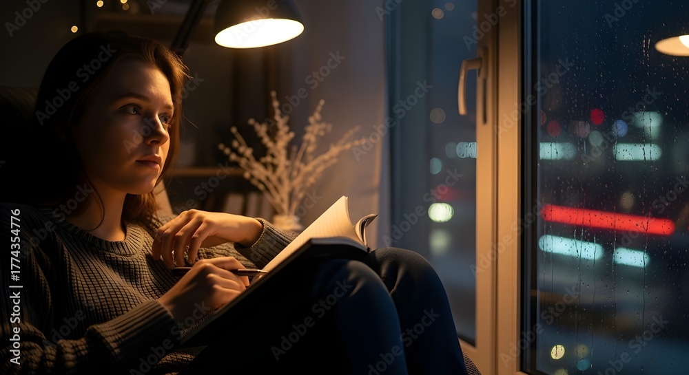 Obraz premium A woman sitting by a large window, reading a book or tablet with a brightly lit city view at night in the background.