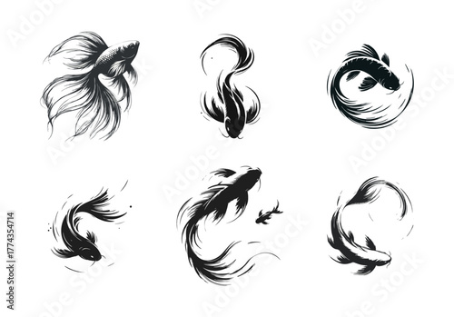 Collection of Ink Wash Painting Style Black Koi Fish