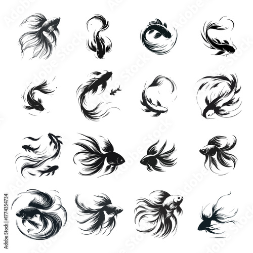 Betta Fish Silhouettes Set, Ink Brush Style