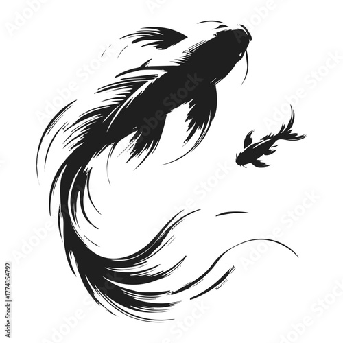 Koi Fish Ink Brush Painting Silhouette