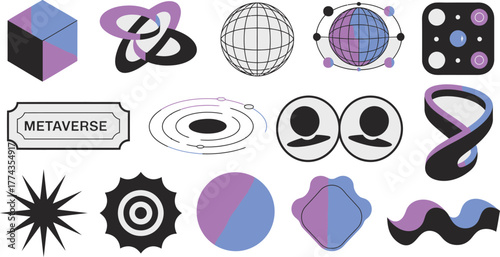 Metaverse and Tech Icons Set Featuring 3D Cube, Globe, Abstract Shapes, and User Symbols