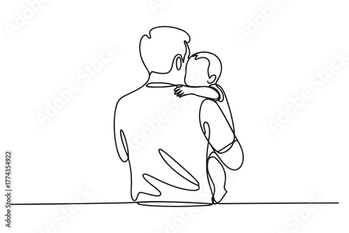 Single one-line drawing rear view of dad holding his baby. Father's Day concept. one line Icon drawing with white background