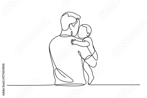 Single one-line drawing rear view of dad holding his baby. Father's Day concept. one line Icon drawing with white background
