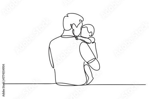 Single one-line drawing rear view of dad holding his baby. Father's Day concept. one line Icon drawing with white background