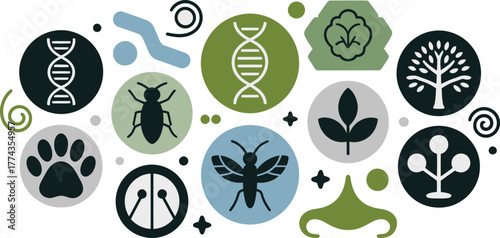 Nature and Science Icons DNA, Animals, Plants, Insects, Trees, Spirals, and Abstract Shapes Design