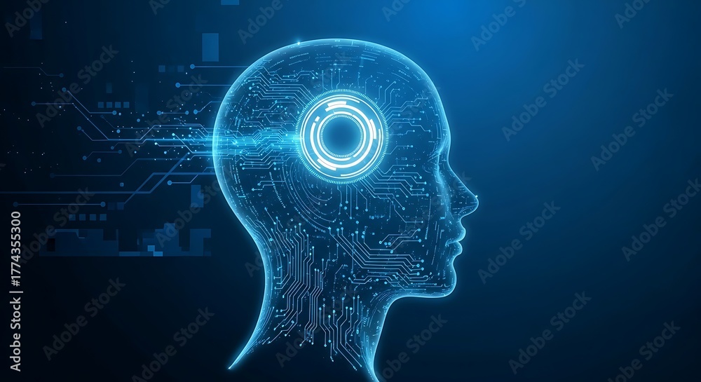 Obraz premium Abstract digital human head with glowing circuits and data streams